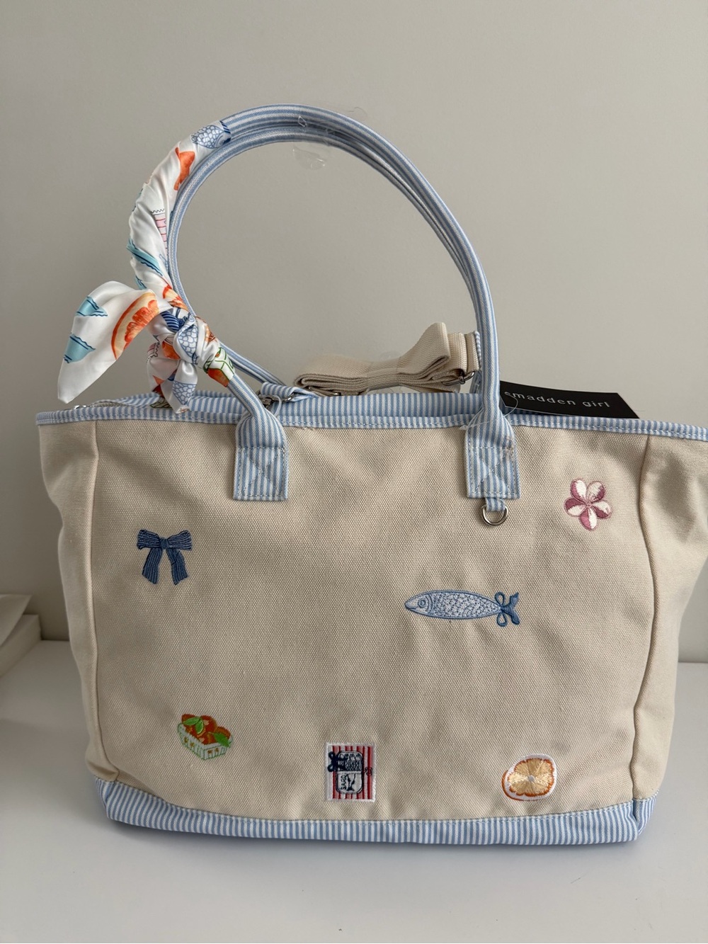 Madden Girl Cream Canvas Tote with Blue Trim